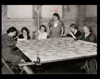Historic photograph of a group of women quilting In upcoming book by Janet E. Finley Schiffer Publishing, Atglen, Pennsylvania; late 2012 Collection of Janet E. Finley