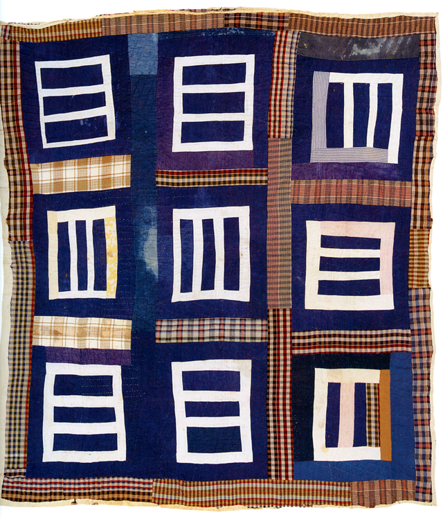 Housetop (nine-block variation); c. 1975; made by Mary L. Bennett; c. 1975; 87" x 77"; cotton, denim, cotton/polyester blend, and cotton knit; photo<br />courtesy of Matt Arnett
